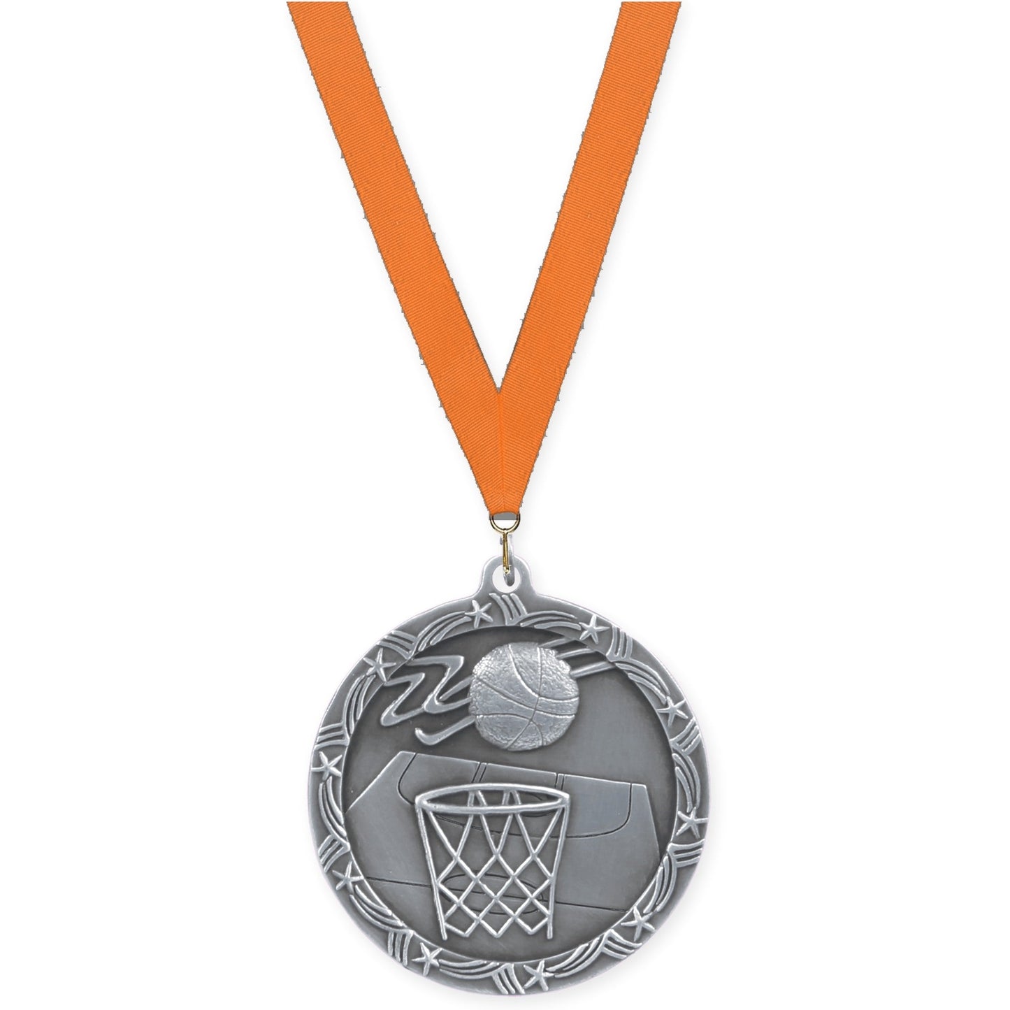 2 1/2 inch basketball Shooting Star medal in antique silver with Orange neck ribbon
