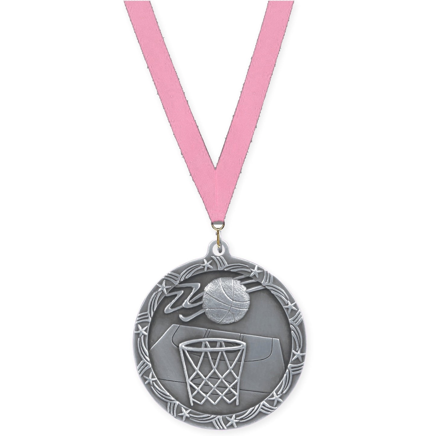 2 1/2 inch basketball Shooting Star medal in antique silver with Pink neck ribbon