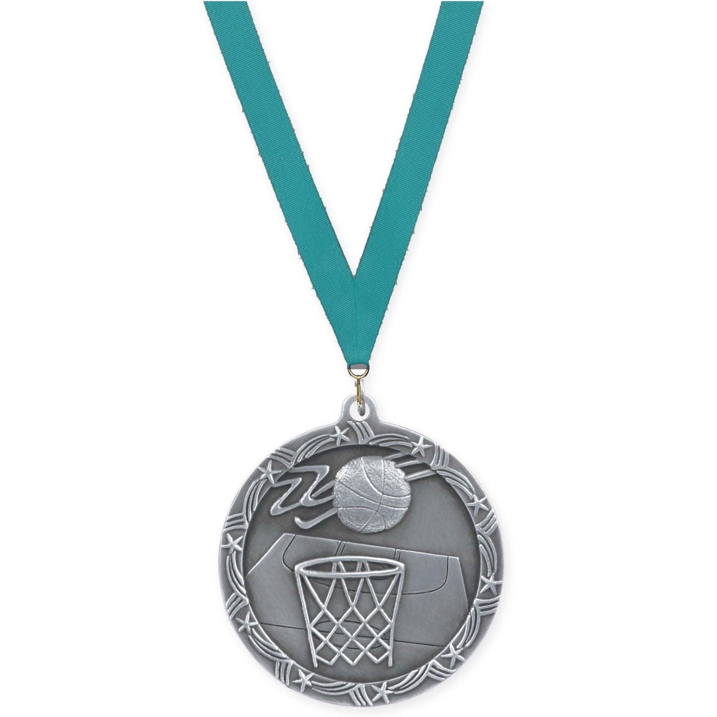 2 1/2 inch basketball Shooting Star medal in antique silver with Teal neck ribbon