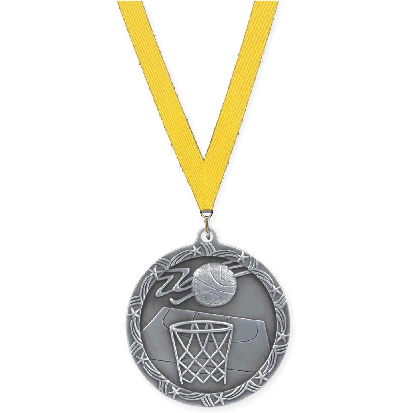 2 1/2 inch basketball Shooting Star medal in antique silver with Yellow neck ribbon