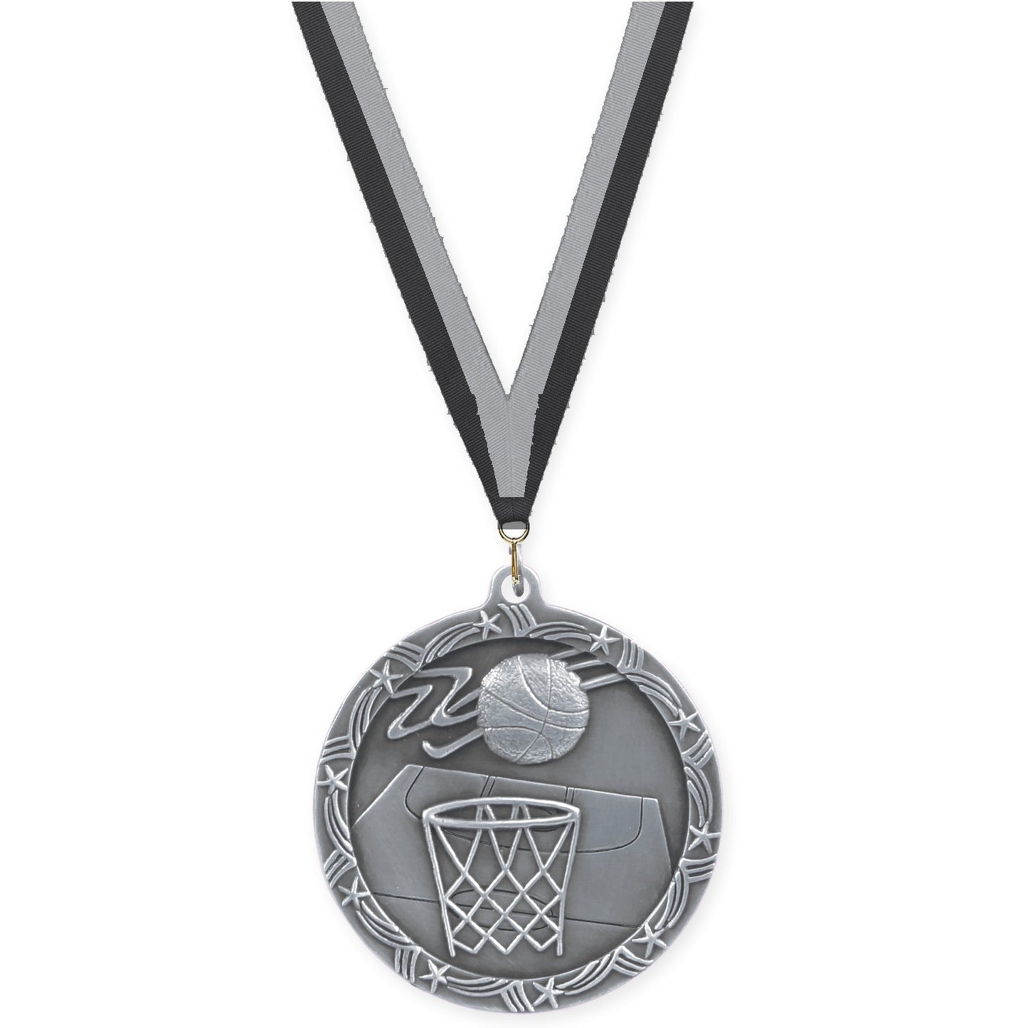 2 1/2 inch basketball Shooting Star medal in antique silver with Black Gray neck ribbon
