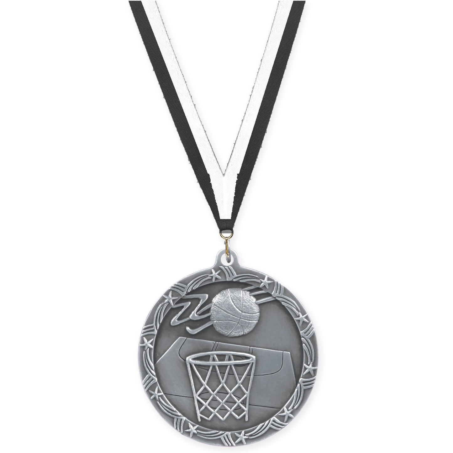 2 1/2 inch basketball Shooting Star medal in antique silver with Black White neck ribbon
