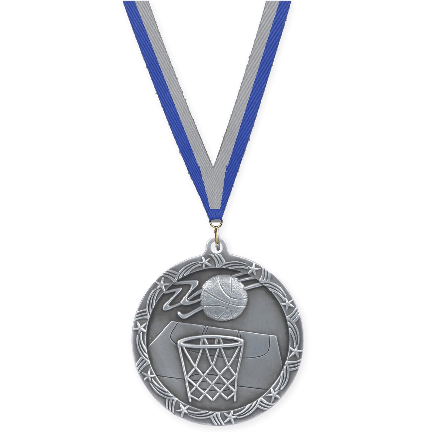 2 1/2 inch basketball Shooting Star medal in antique silver with Blue Gray neck ribbon