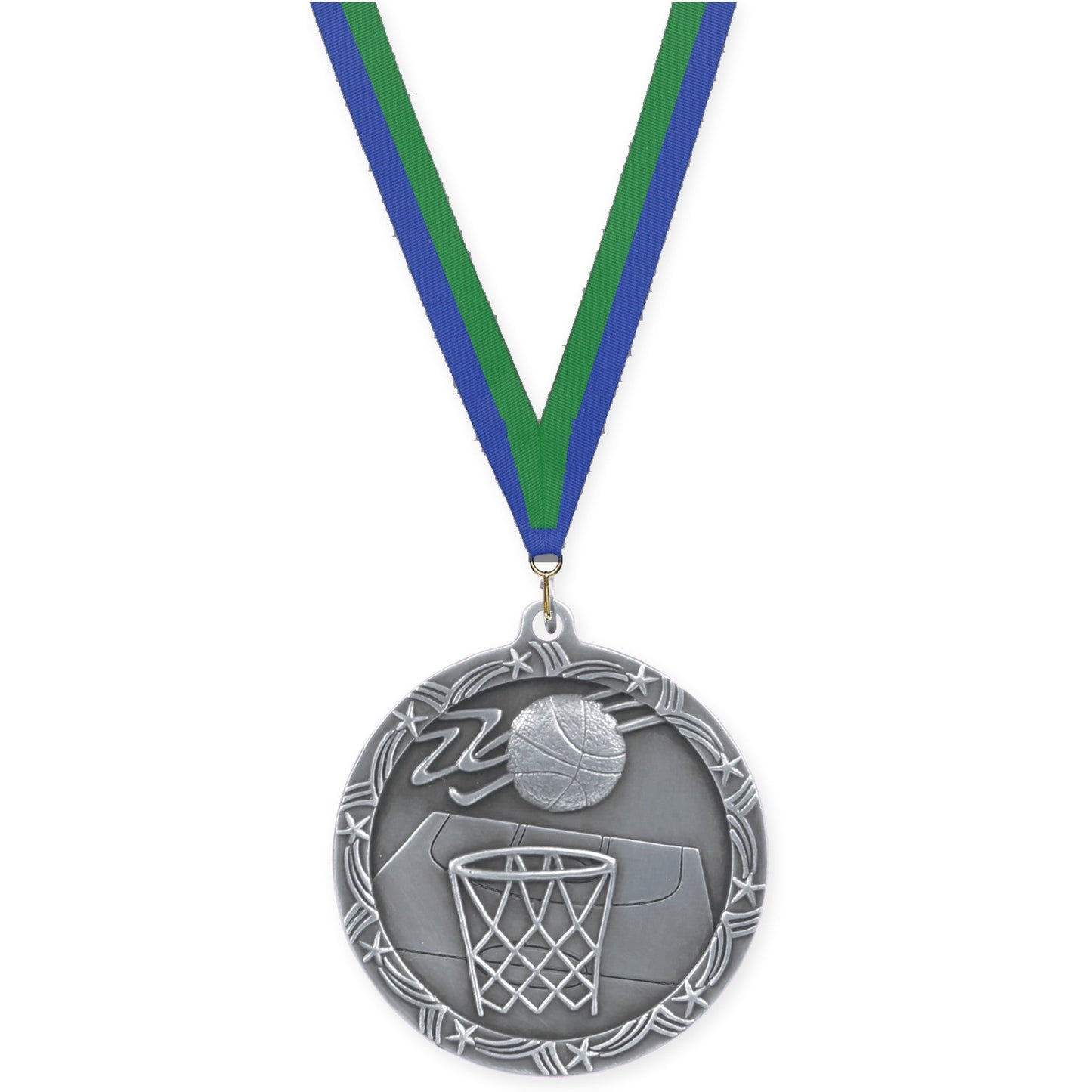 2 1/2 inch basketball Shooting Star medal in antique silver with Blue Green neck ribbon