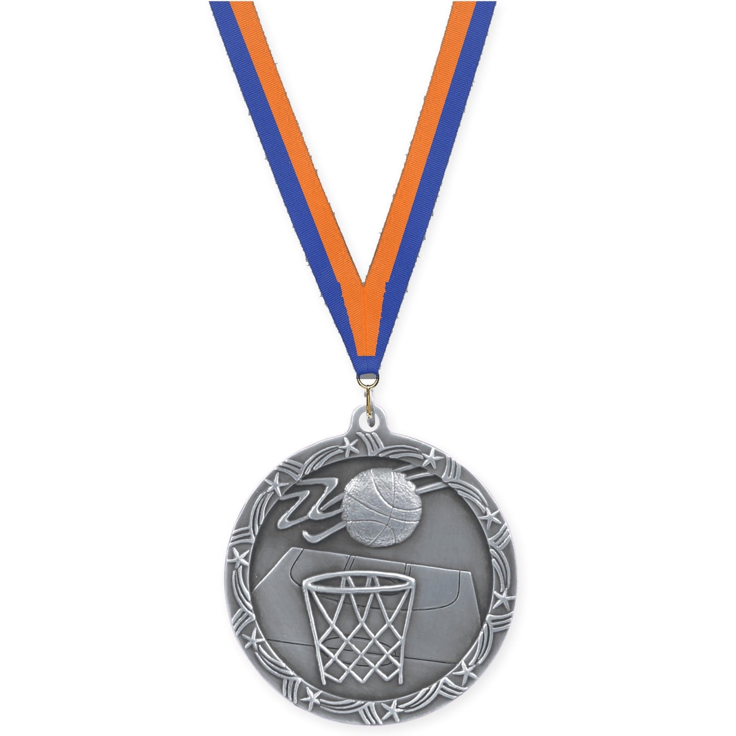 2 1/2 inch basketball Shooting Star medal in antique silver with Blue Orange neck ribbon