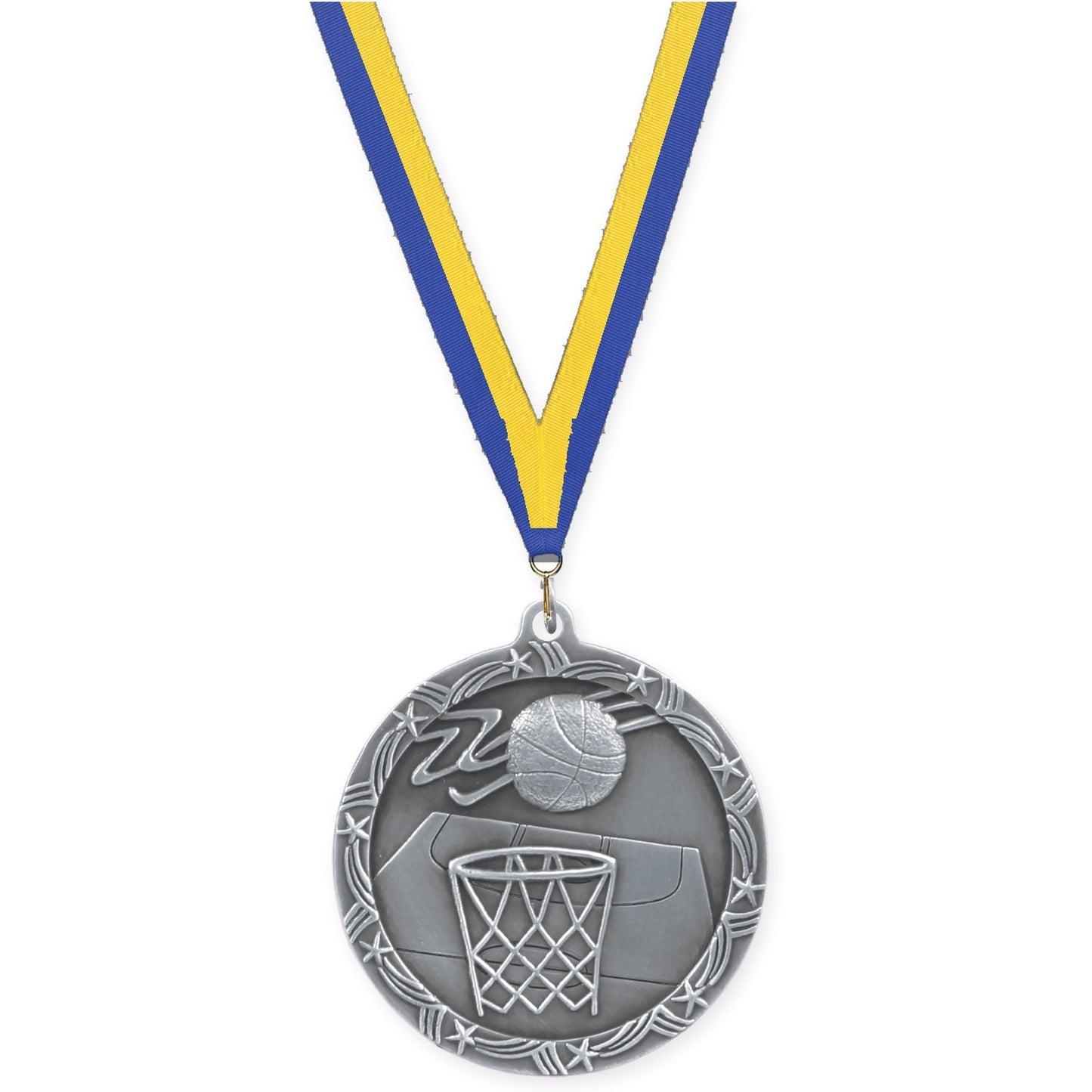 2 1/2 inch basketball Shooting Star medal in antique silver with Blue Yellow neck ribbon