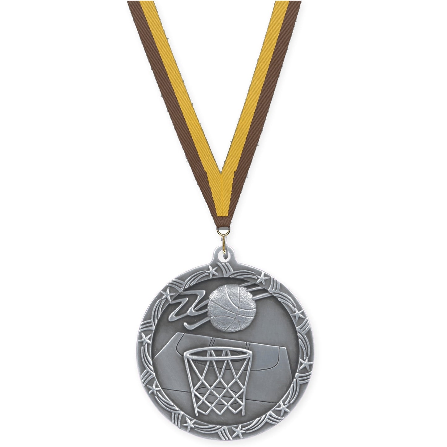 2 1/2 inch basketball Shooting Star medal in antique silver with Brown Gold neck ribbon