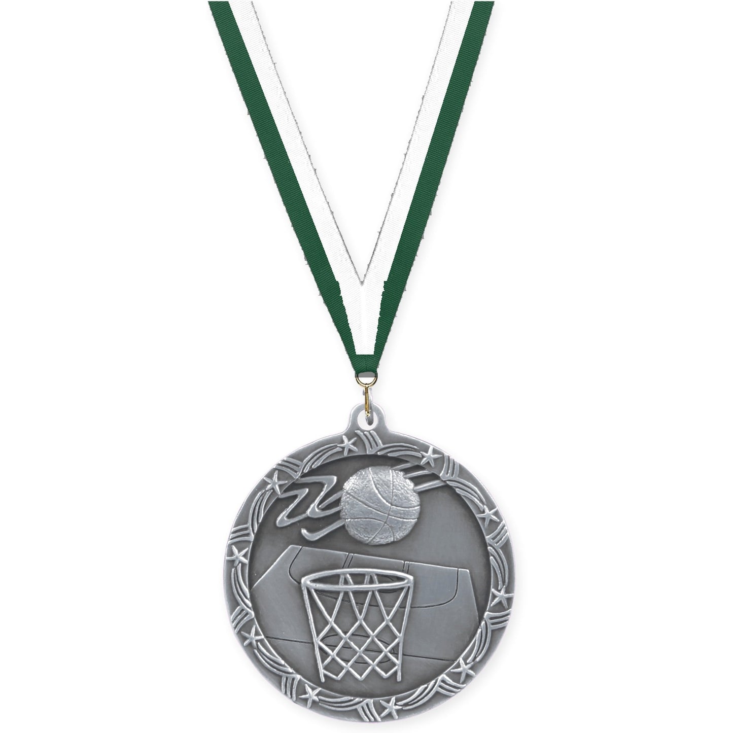 2 1/2 inch basketball Shooting Star medal in antique silver with Hunter Green White neck ribbon