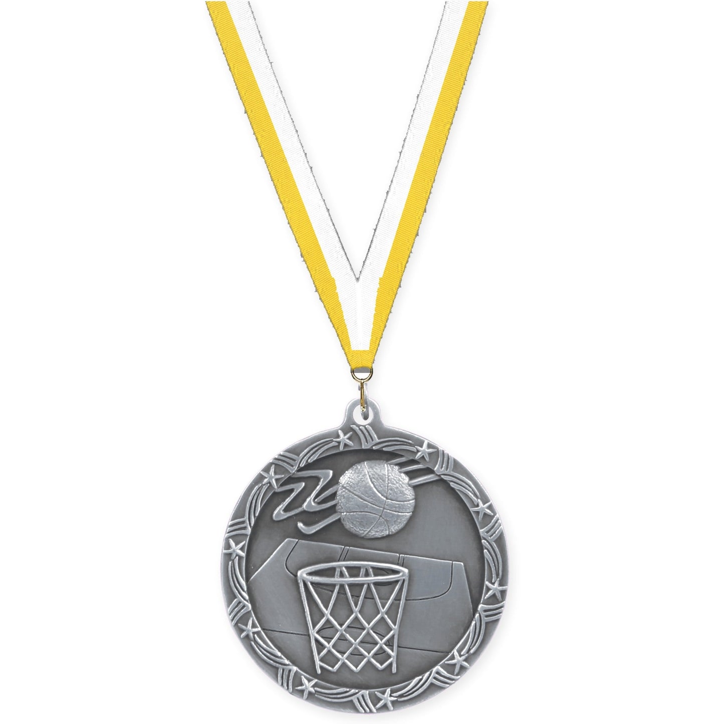 2 1/2 inch basketball Shooting Star medal in antique silver with Yellow White neck ribbon