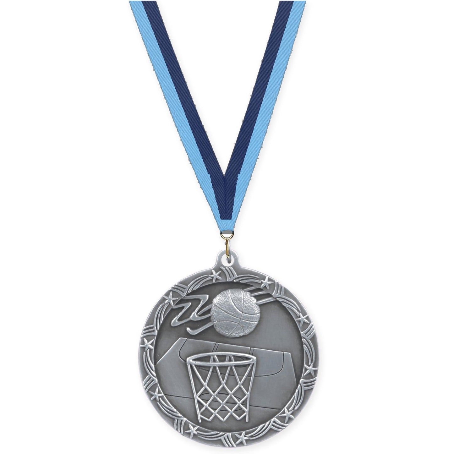 2 1/2 inch basketball Shooting Star medal in antique silver with Light Blue Navy neck ribbon