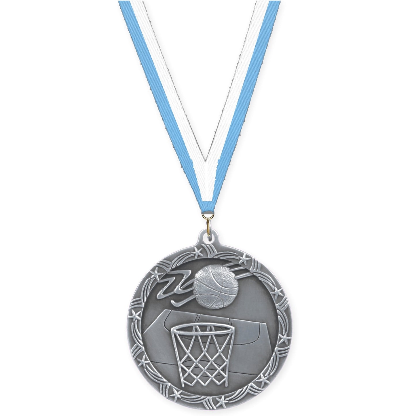 2 1/2 inch basketball Shooting Star medal in antique silver with Light Blue White neck ribbon