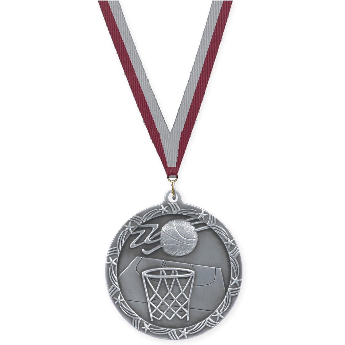 2 1/2 inch basketball Shooting Star medal in antique silver with Maroon Gray neck ribbon