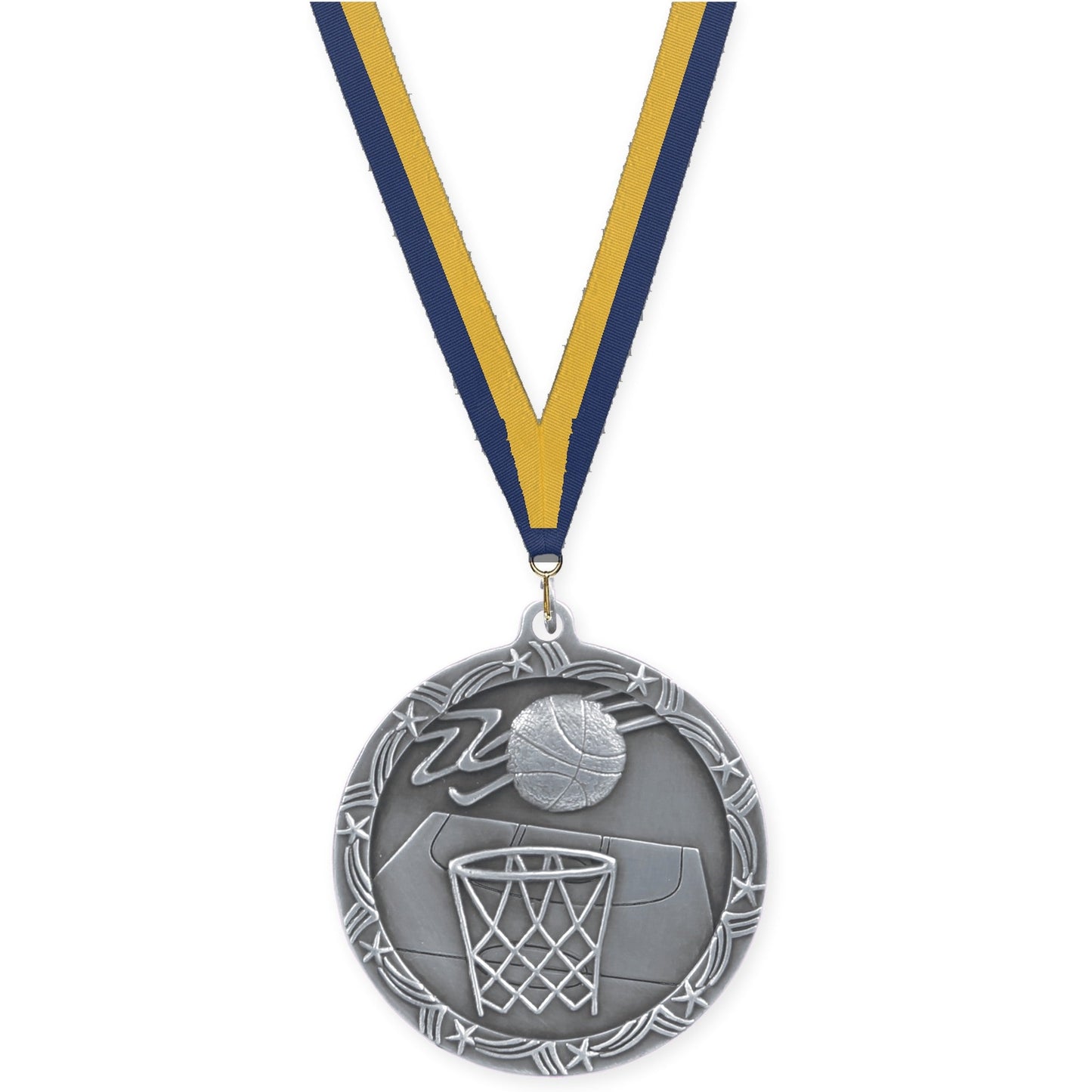 2 1/2 inch basketball Shooting Star medal in antique silver with Navy Gold neck ribbon