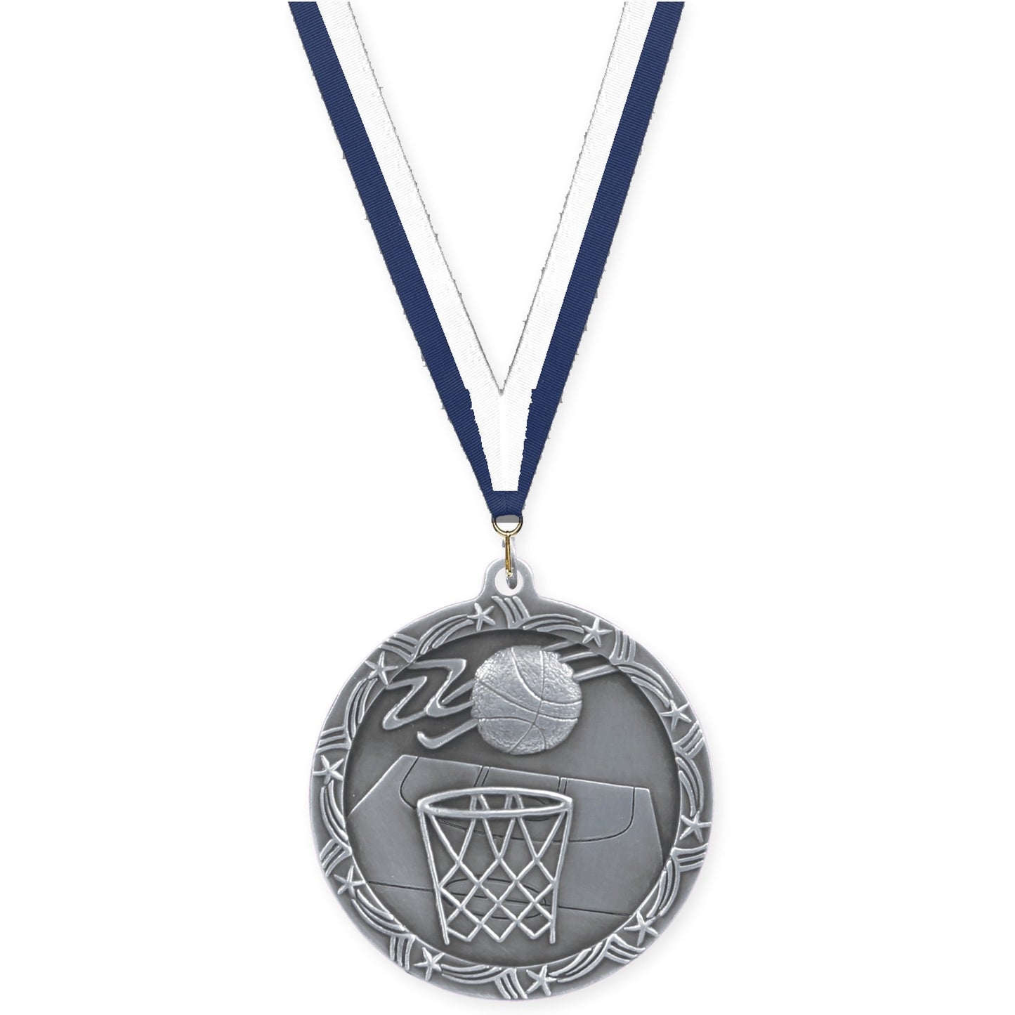 2 1/2 inch basketball Shooting Star medal in antique silver with Navy White neck ribbon