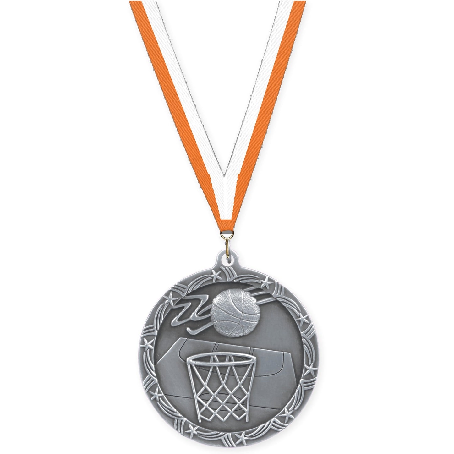 2 1/2 inch basketball Shooting Star medal in antique silver with Orange White neck ribbon