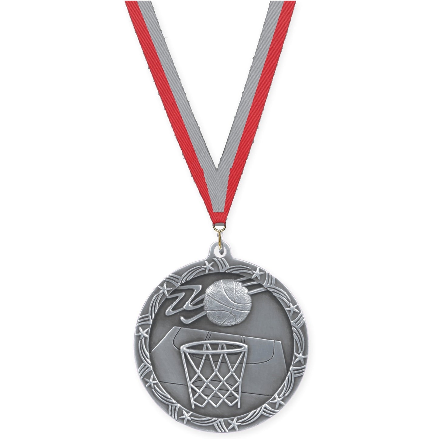2 1/2 inch basketball Shooting Star medal in antique silver with Red Gray neck ribbon