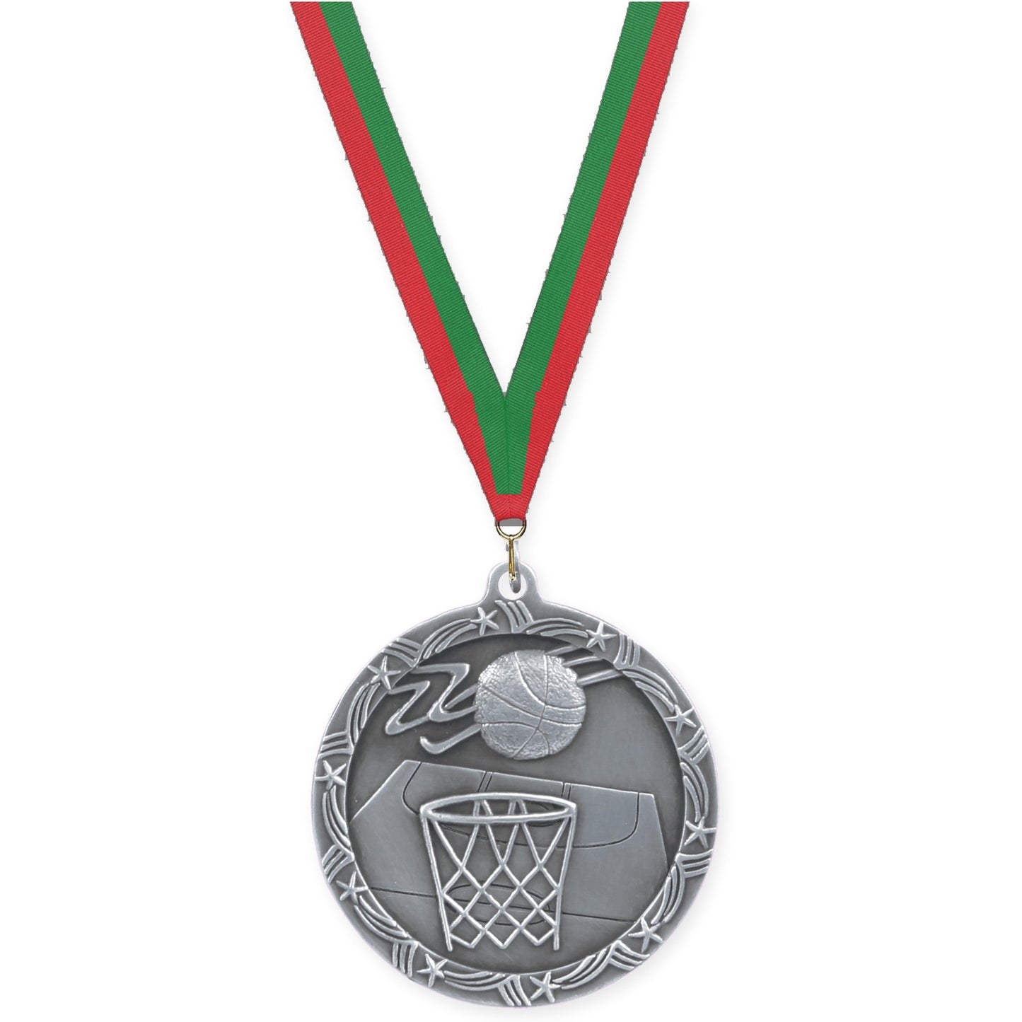 2 1/2 inch basketball Shooting Star medal in antique silver with Red Green neck ribbon