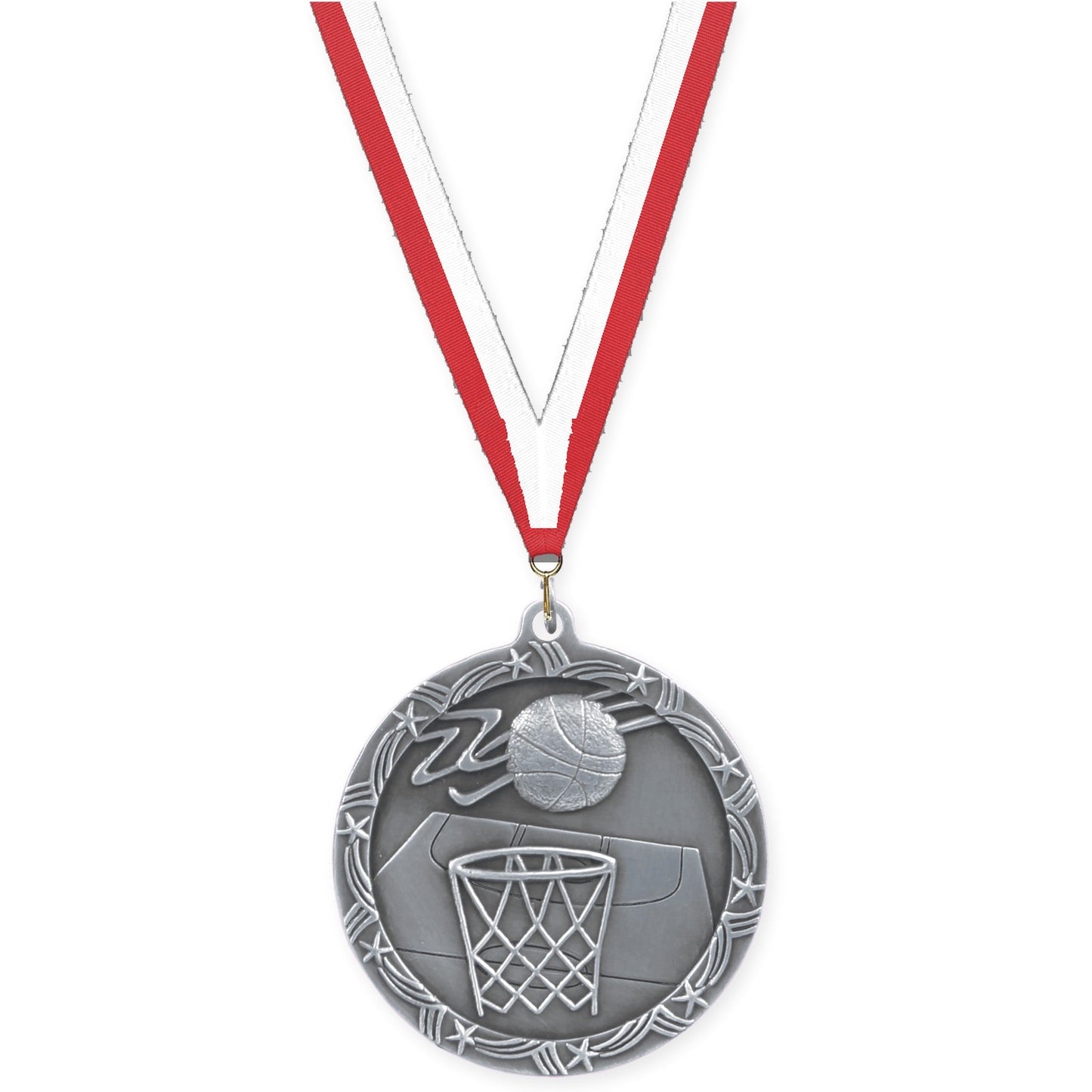 2 1/2 inch basketball Shooting Star medal in antique silver with Red White neck ribbon