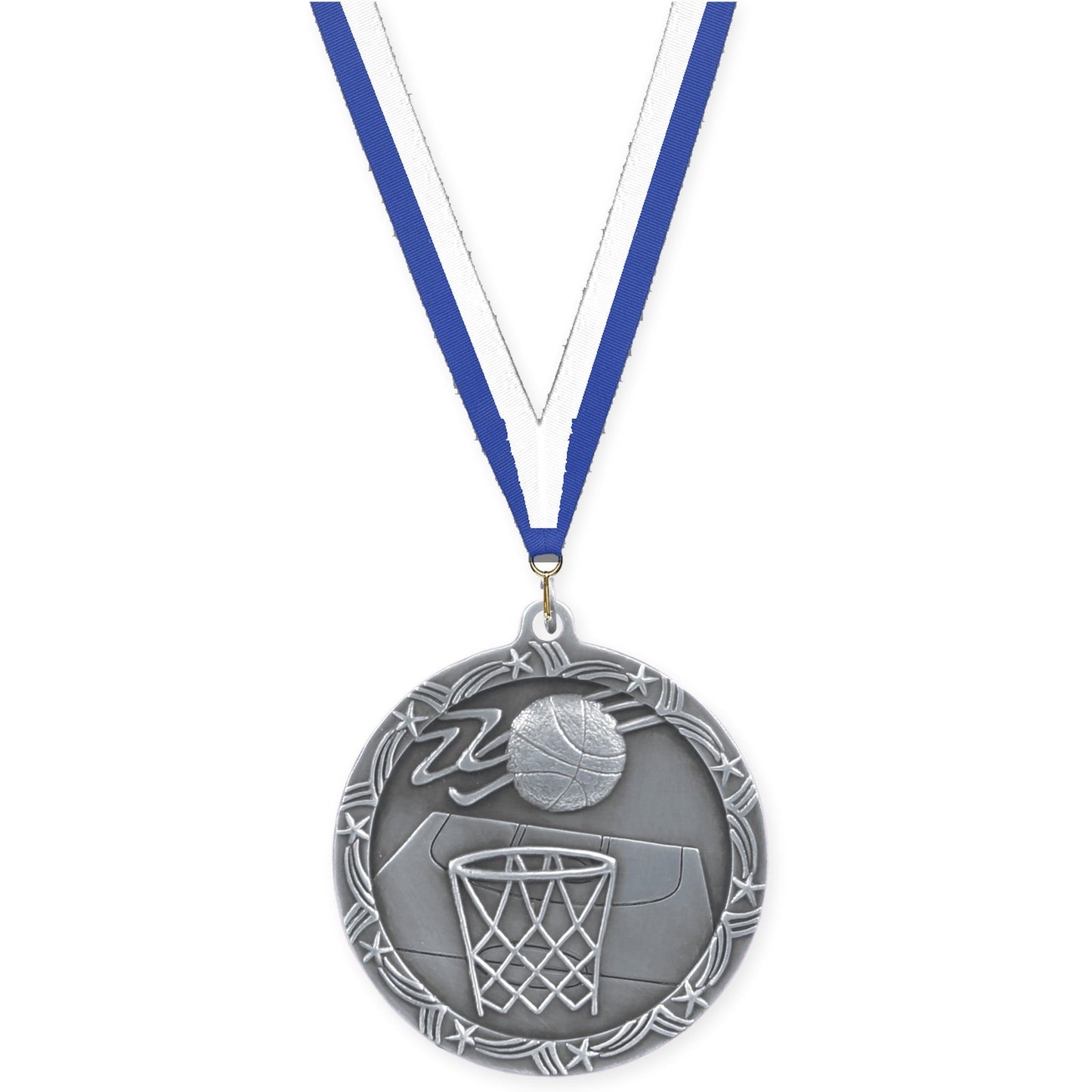 2 1/2 inch basketball Shooting Star medal in antique silver with Blue White neck ribbon