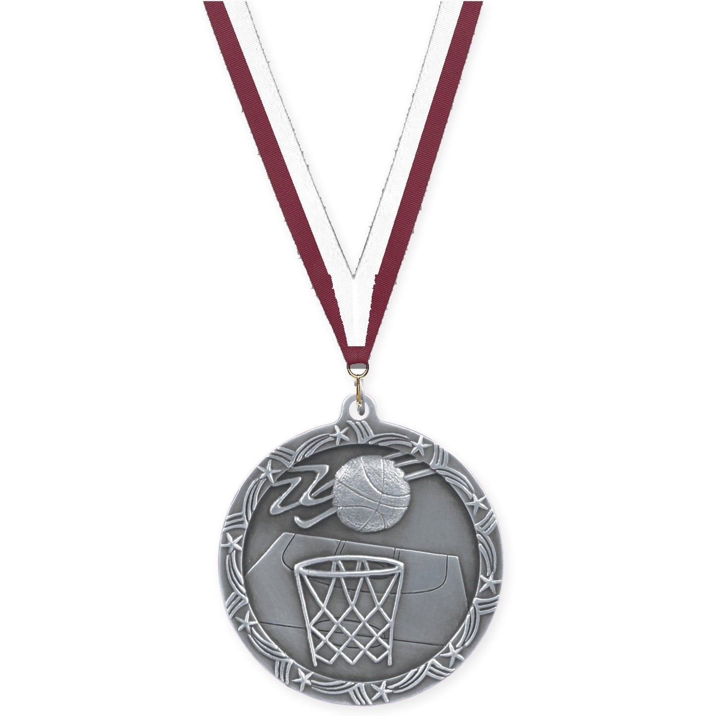 2 1/2 inch basketball Shooting Star medal in antique silver with Maroon White neck ribbon