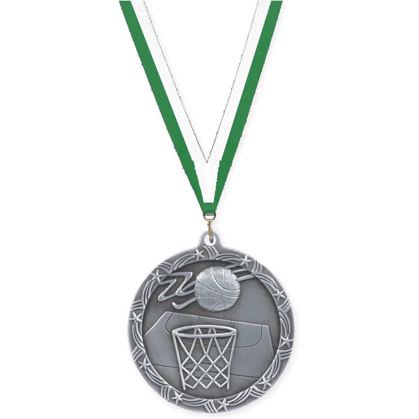 2 1/2 inch basketball Shooting Star medal in antique silver with Green White neck ribbon