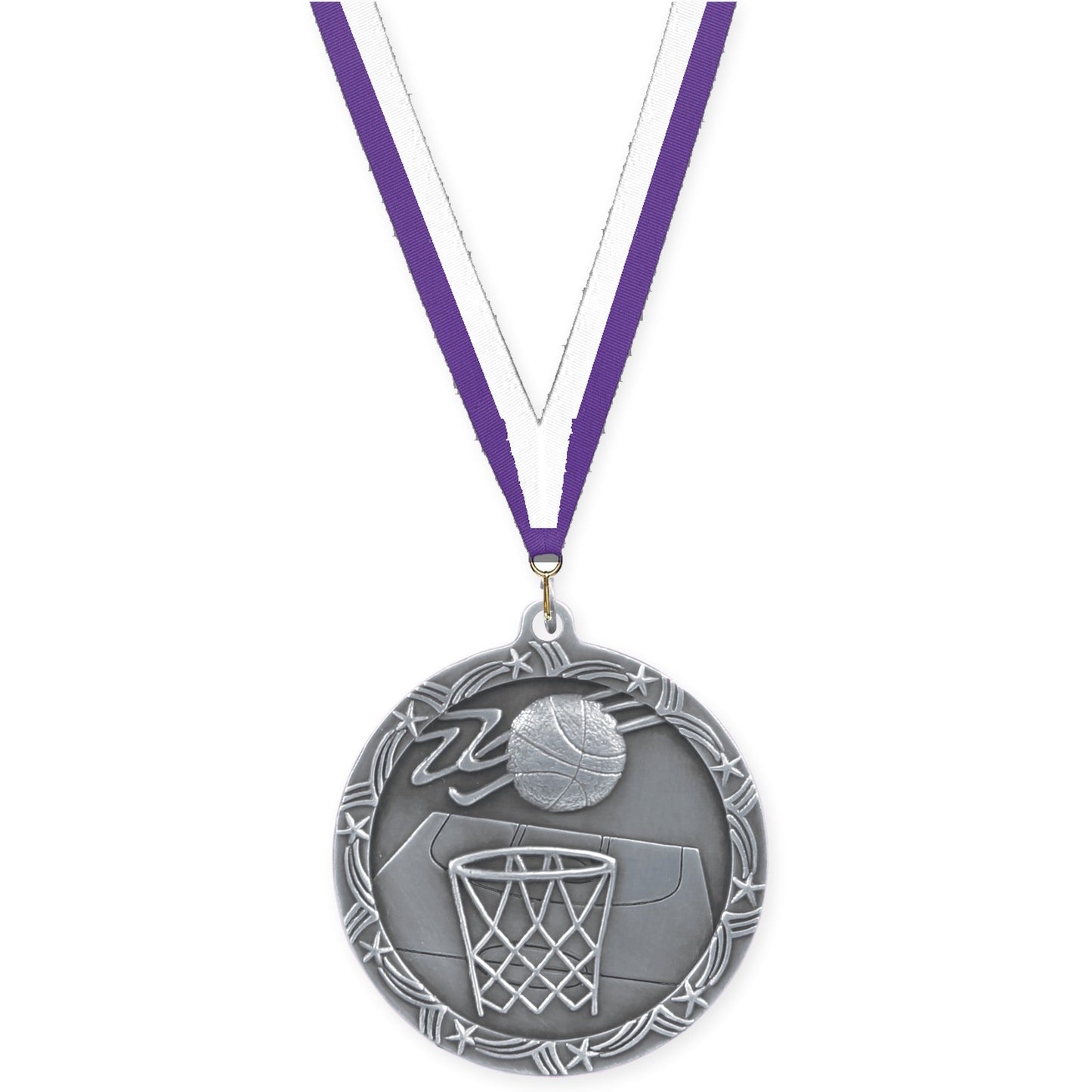 2 1/2 inch basketball Shooting Star medal in antique silver with Purple White neck ribbon