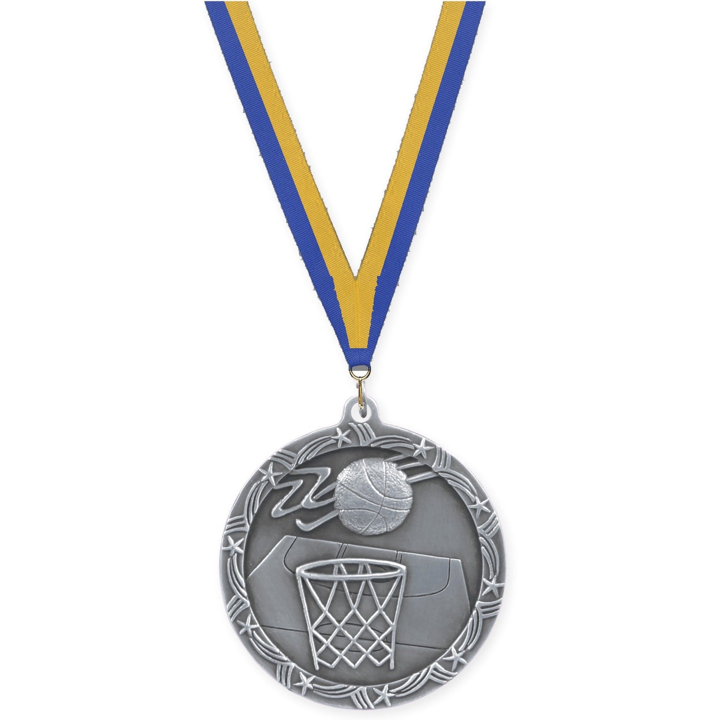 2 1/2 inch basketball Shooting Star medal in antique silver with Blue Gold neck ribbon