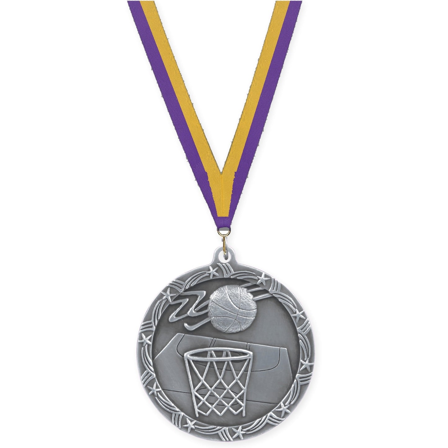 2 1/2 inch basketball Shooting Star medal in antique silver with Purple Gold neck ribbon