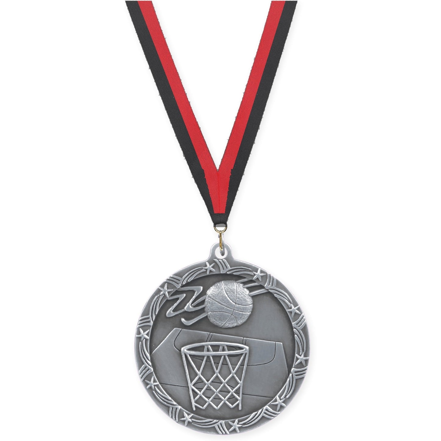 2 1/2 inch basketball Shooting Star medal in antique silver with Black Red neck ribbon