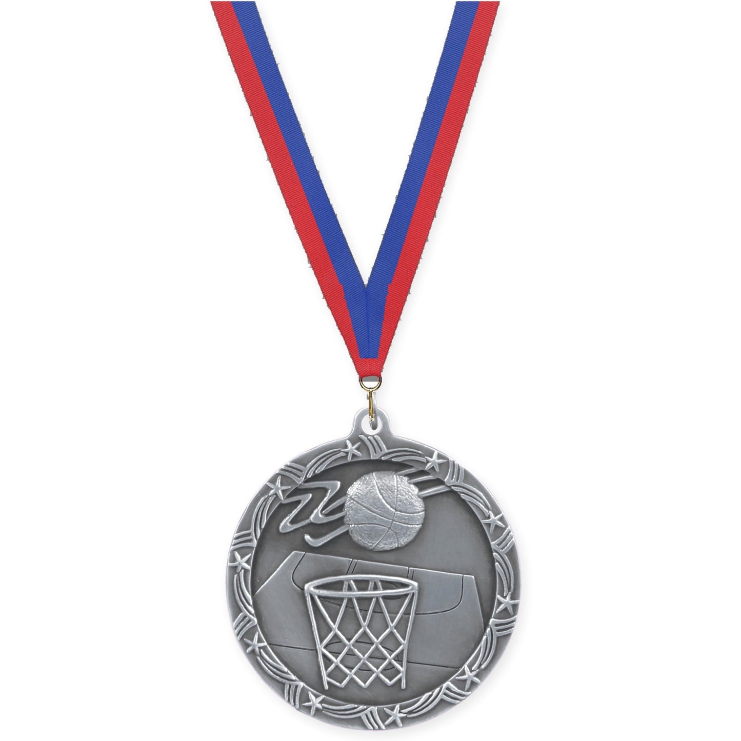 2 1/2 inch basketball Shooting Star medal in antique silver with Blue Red neck ribbon