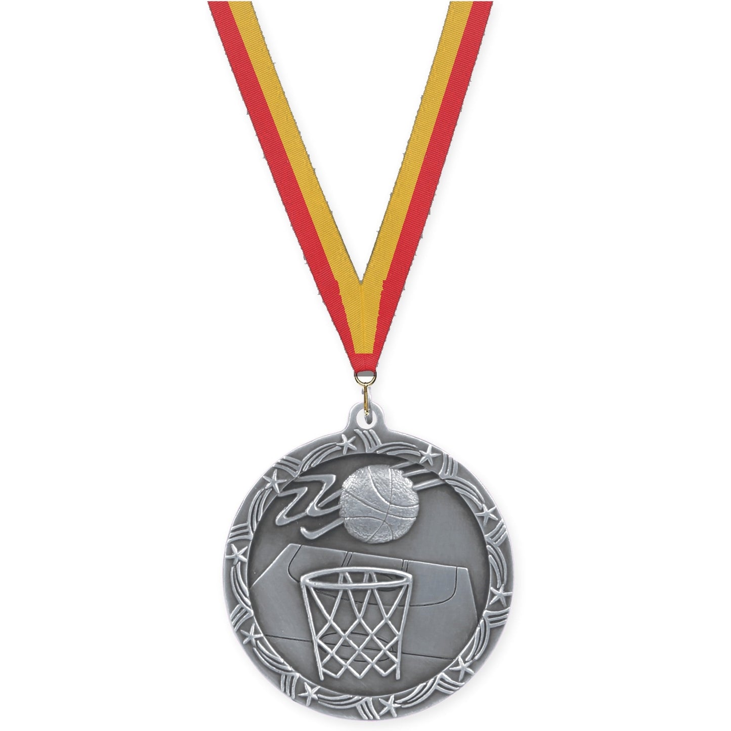 2 1/2 inch basketball Shooting Star medal in antique silver with Red Gold neck ribbon
