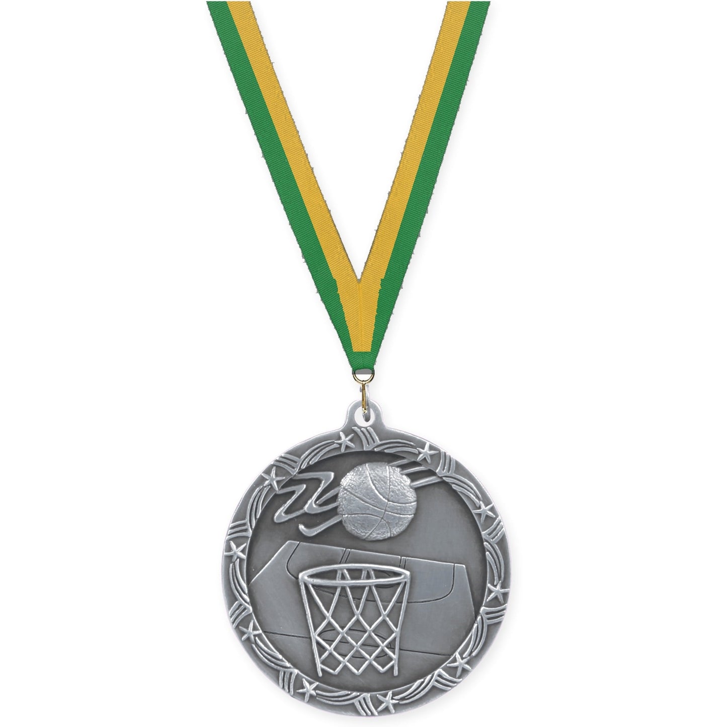 2 1/2 inch basketball Shooting Star medal in antique silver with Green Gold neck ribbon