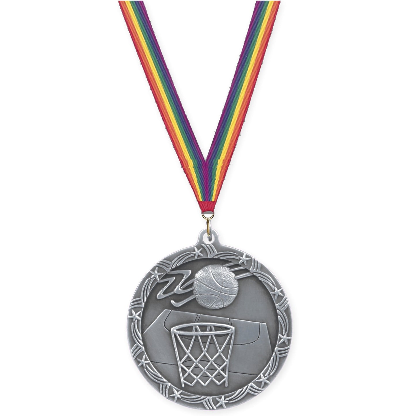 2 1/2 inch basketball Shooting Star medal in antique silver with Rainbow neck ribbon