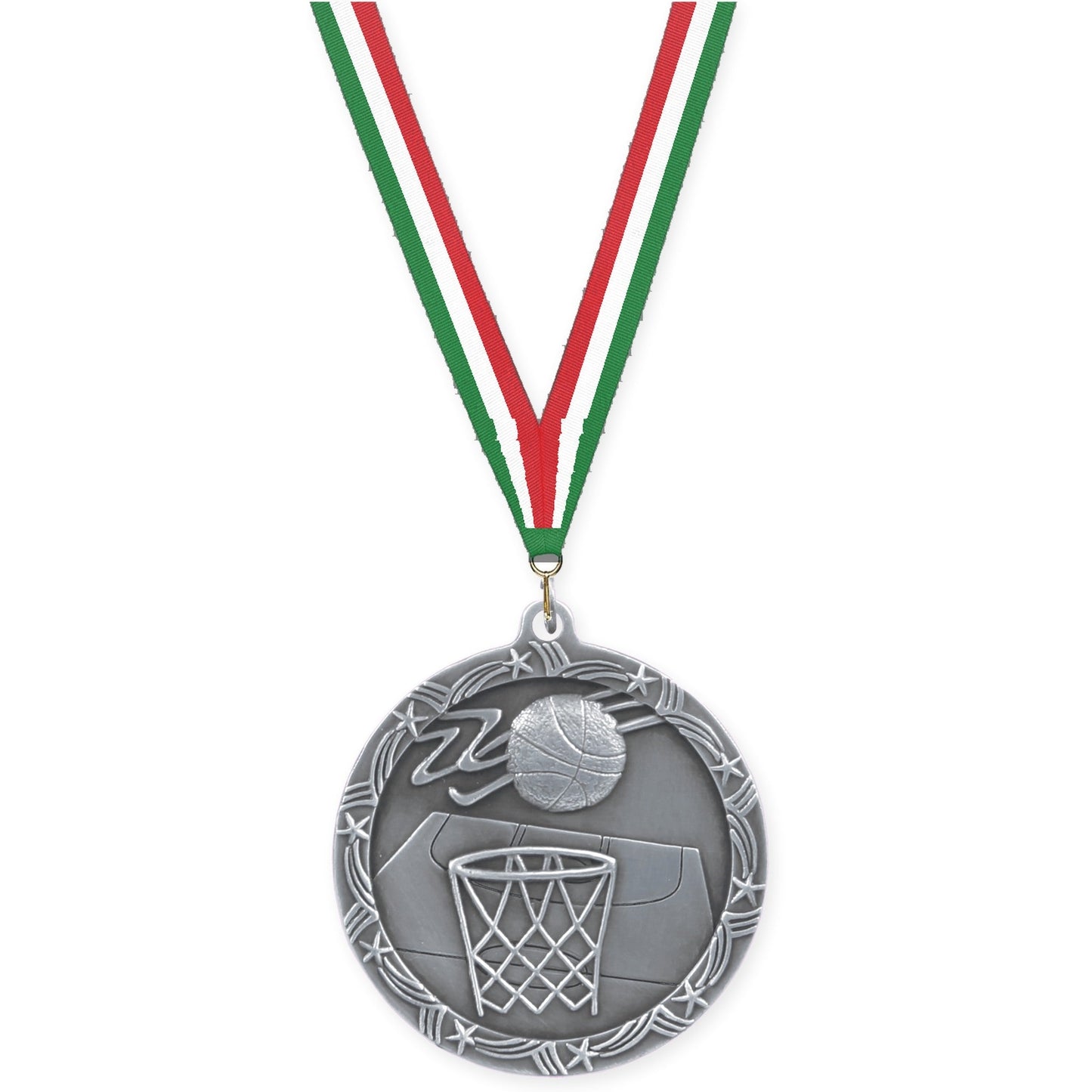 2 1/2 inch basketball Shooting Star medal in antique silver with Green White Red neck ribbon