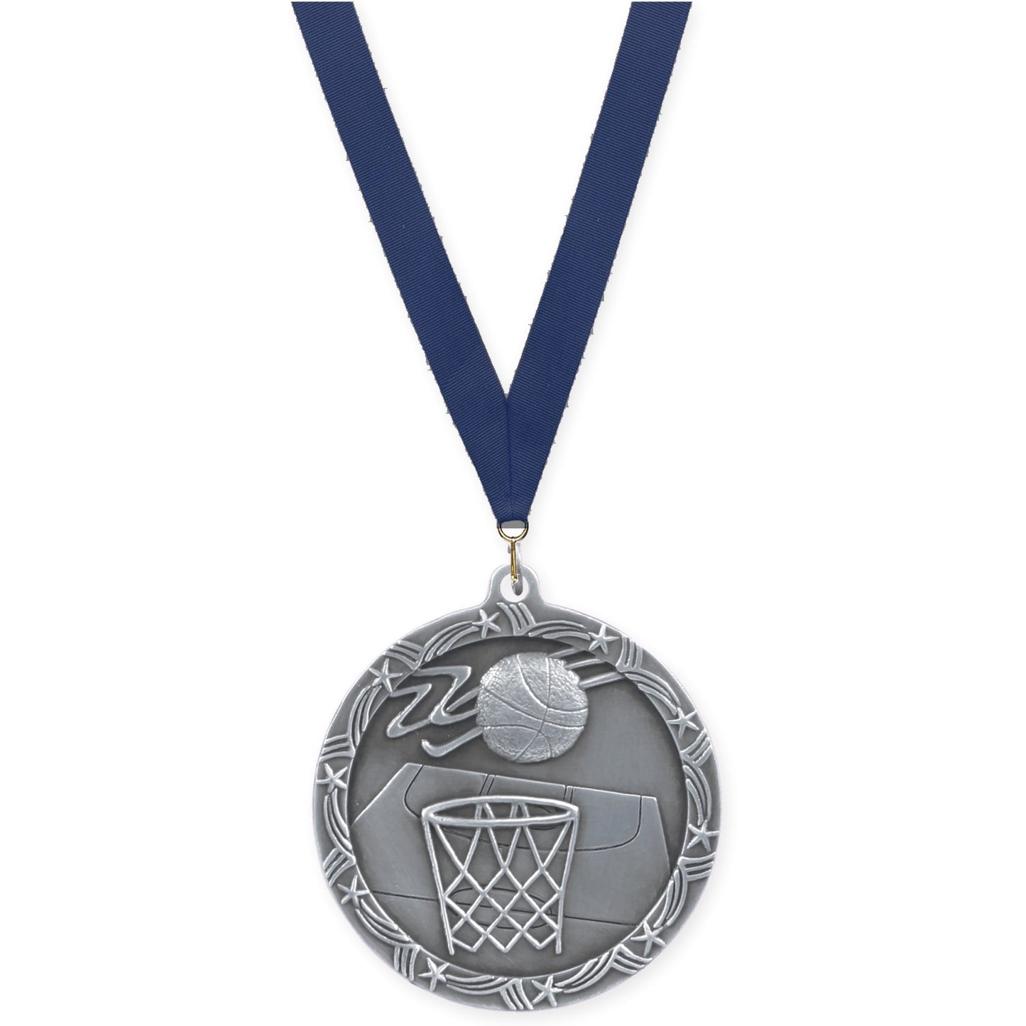 2 1/2 inch basketball Shooting Star medal in antique silver with Navy neck ribbon