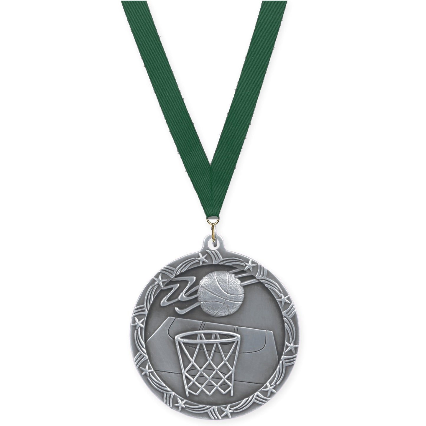 2 1/2 inch basketball Shooting Star medal in antique silver with Hunter Green neck ribbon