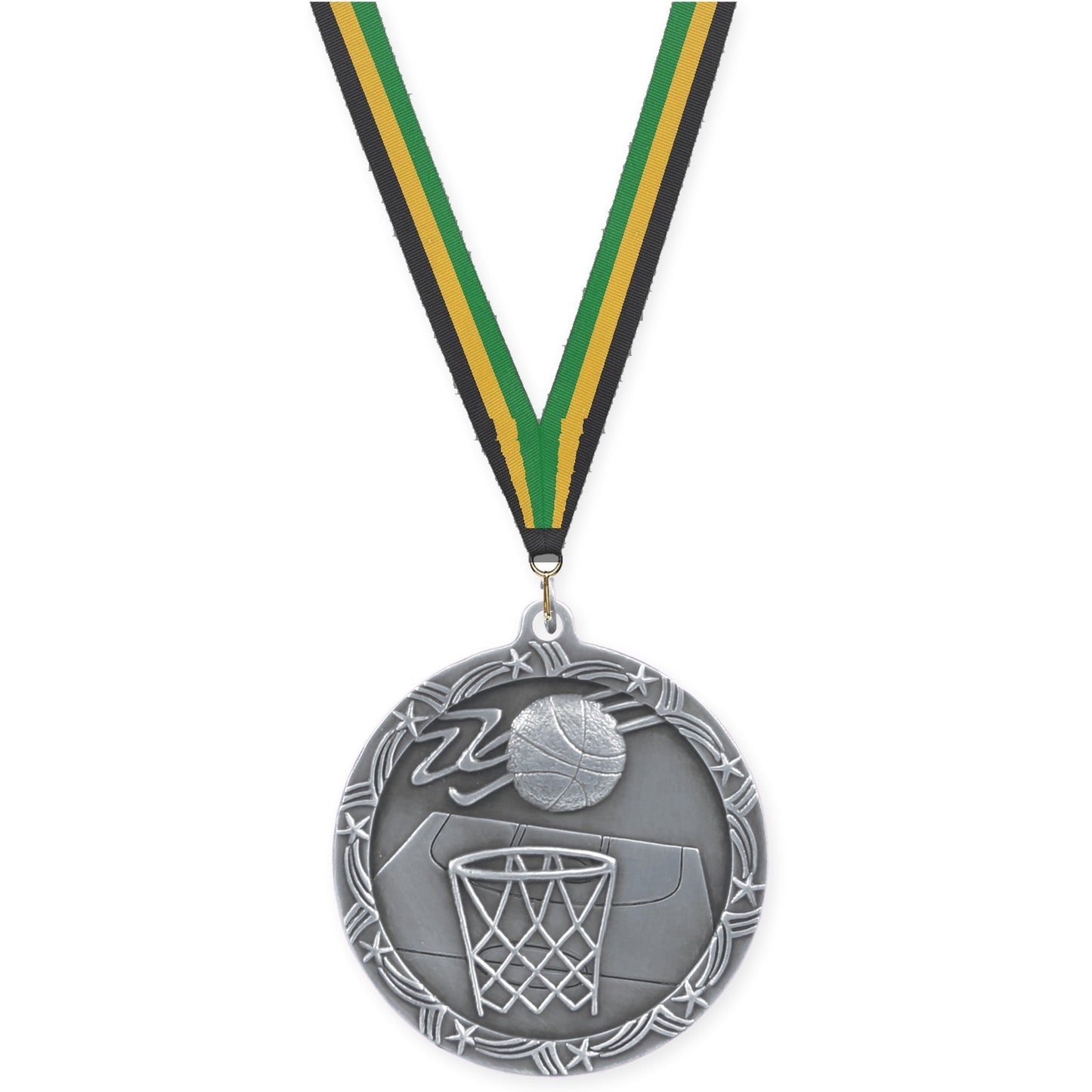 2 1/2 inch basketball Shooting Star medal in antique silver with Black Gold Green neck ribbon