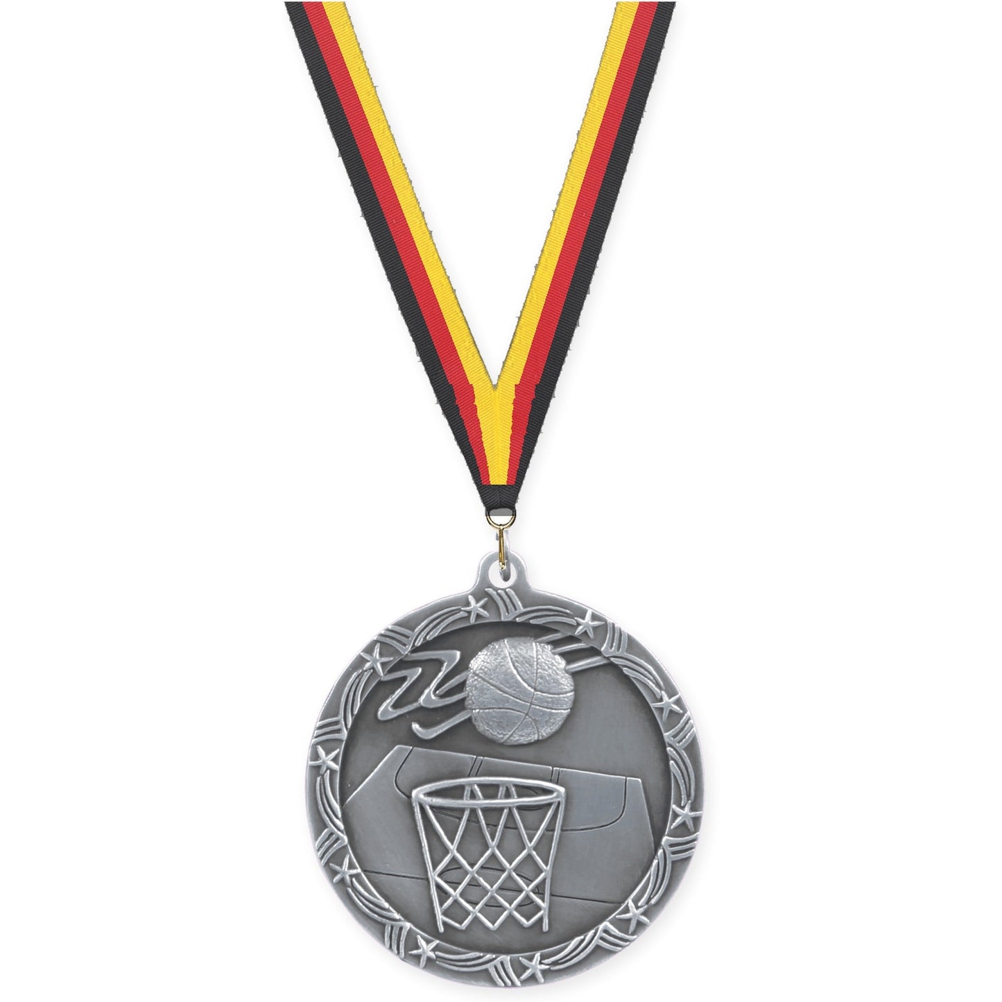 2 1/2 inch basketball Shooting Star medal in antique silver with Black Red Yellow neck ribbon