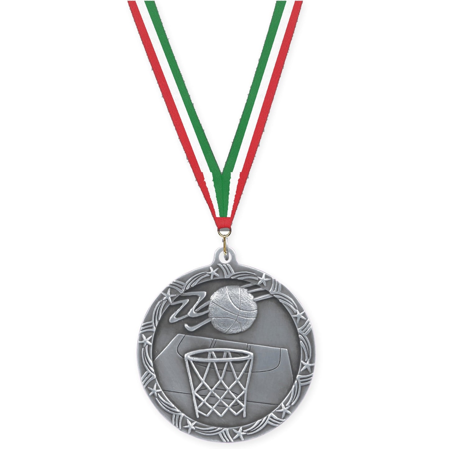 2 1/2 inch basketball Shooting Star medal in antique silver with Red White Green neck ribbon