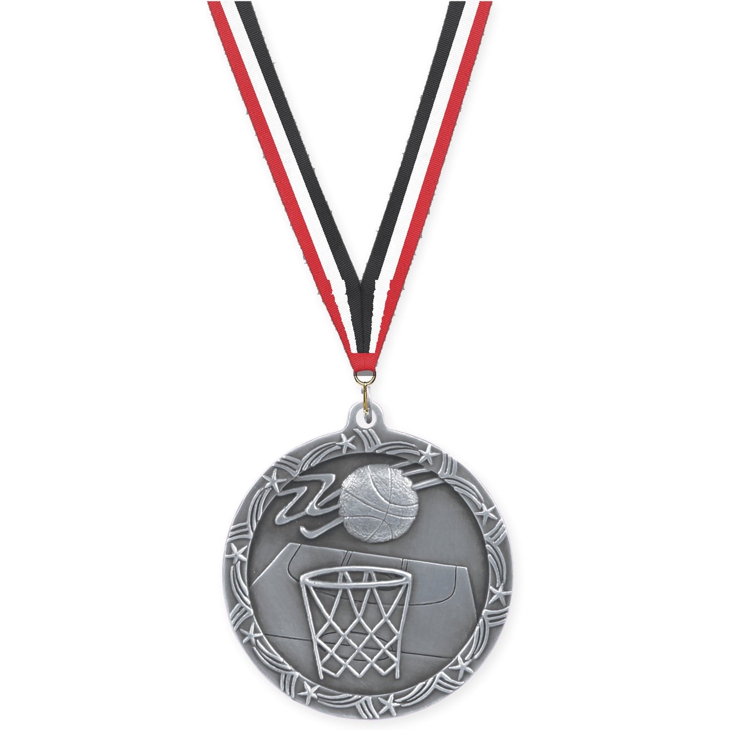 2 1/2 inch basketball Shooting Star medal in antique silver with Red White Black neck ribbon