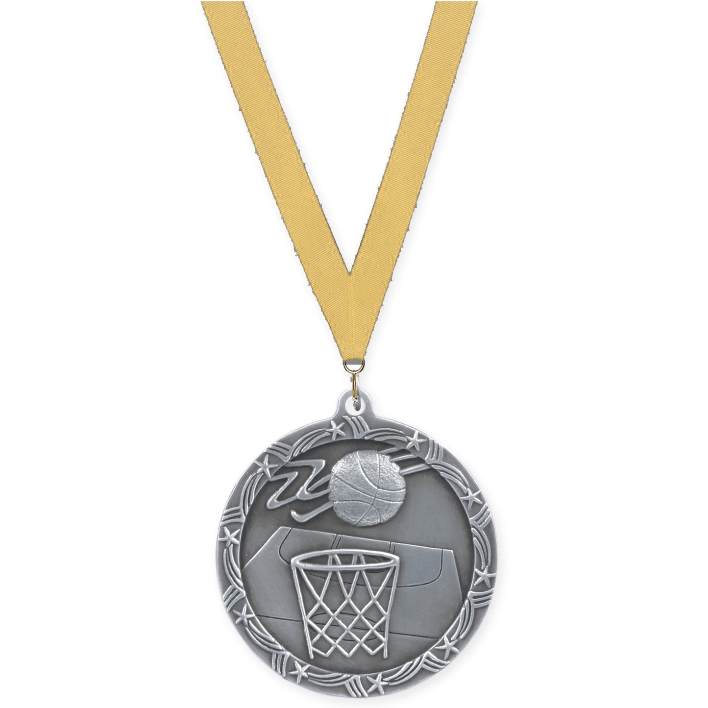 2 1/2 inch basketball Shooting Star medal in antique silver with Gold Metallic neck ribbon