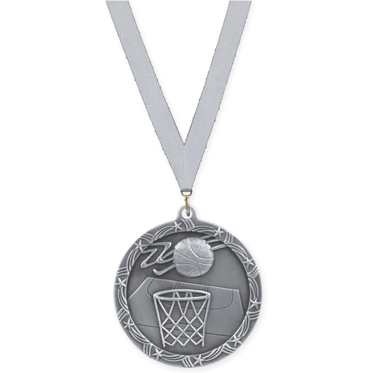 2 1/2 inch basketball Shooting Star medal in antique silver with Silver Metallic neck ribbon