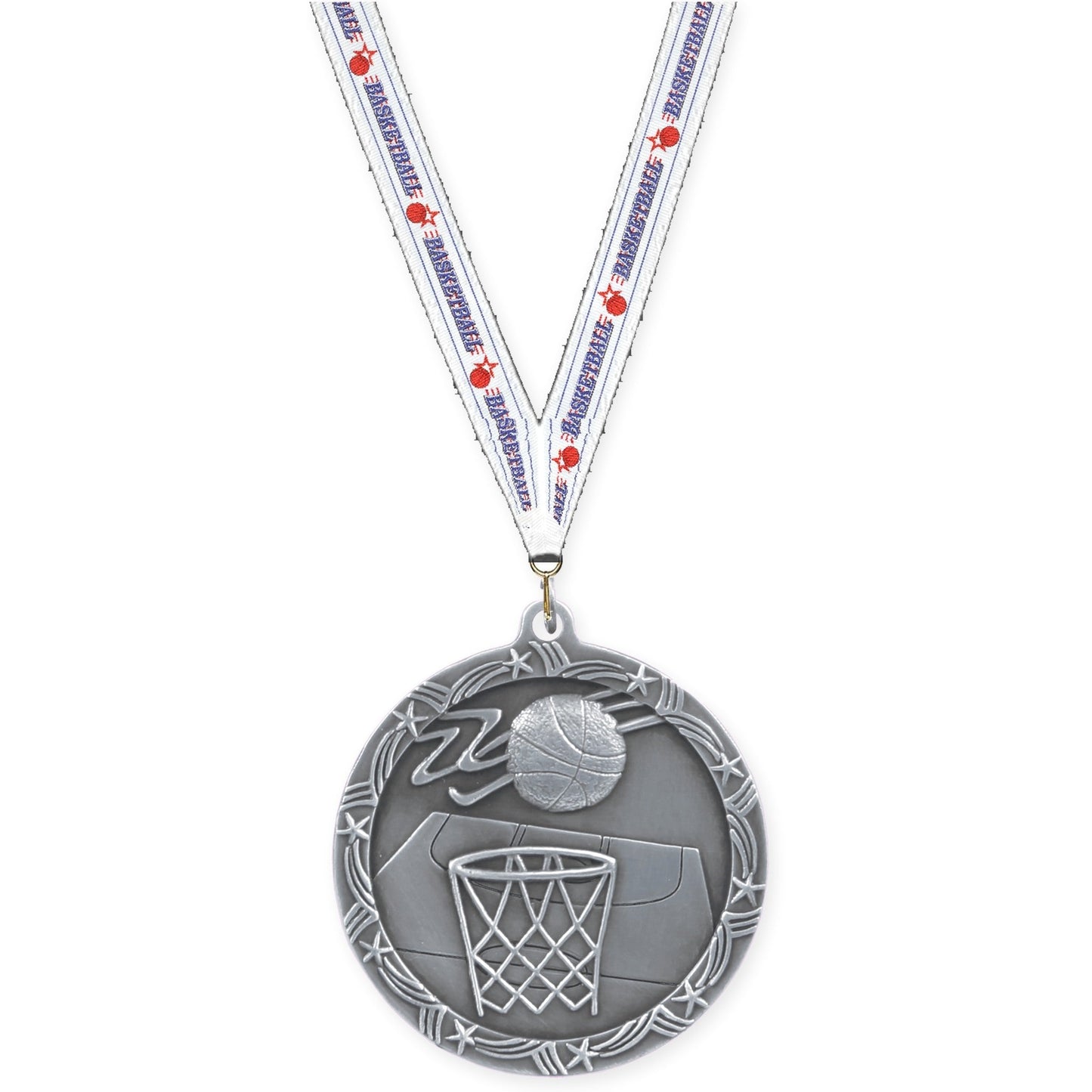2 1/2 inch basketball Shooting Star medal in antique silver with Basketball neck ribbon