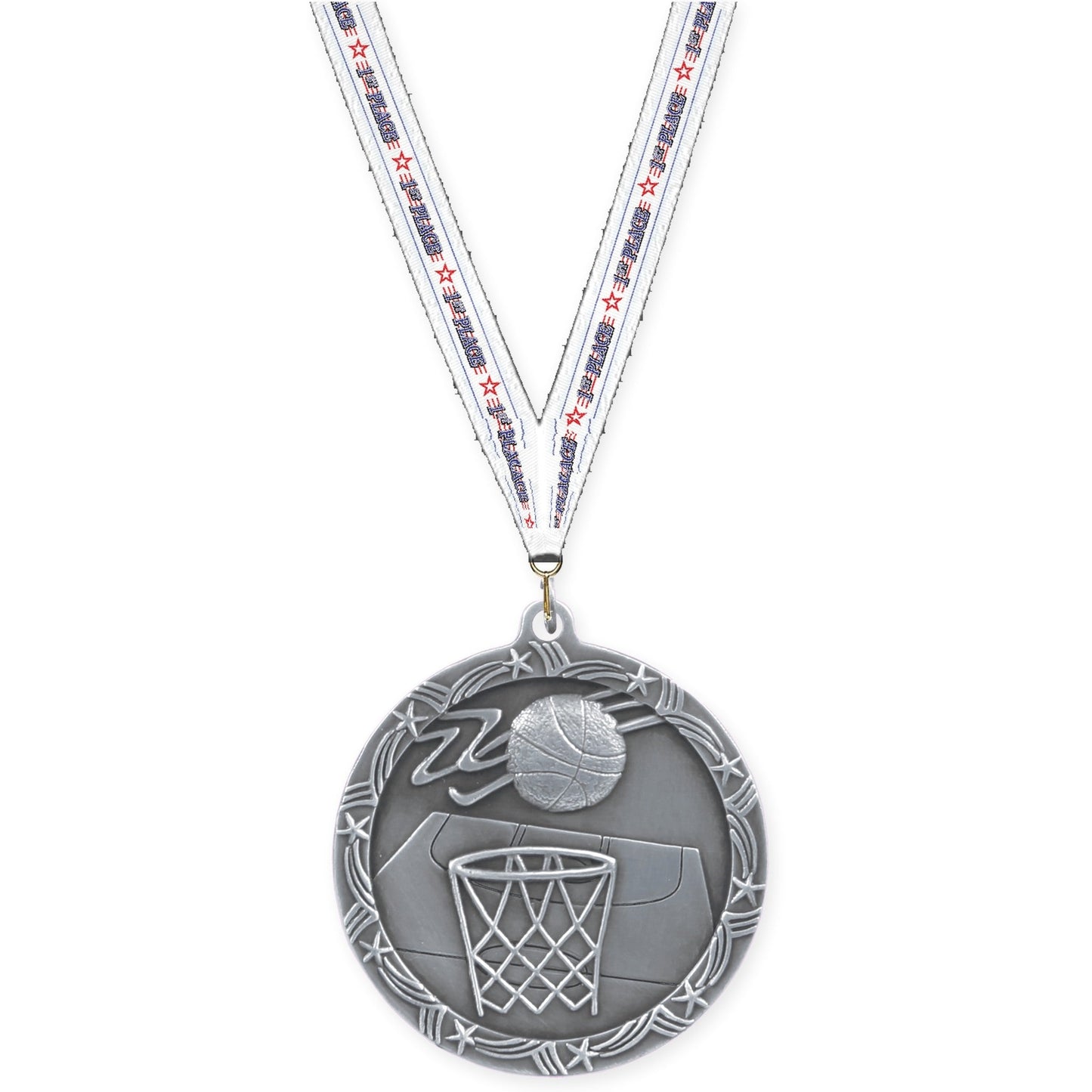 2 1/2 inch basketball Shooting Star medal in antique silver with 1st Place neck ribbon