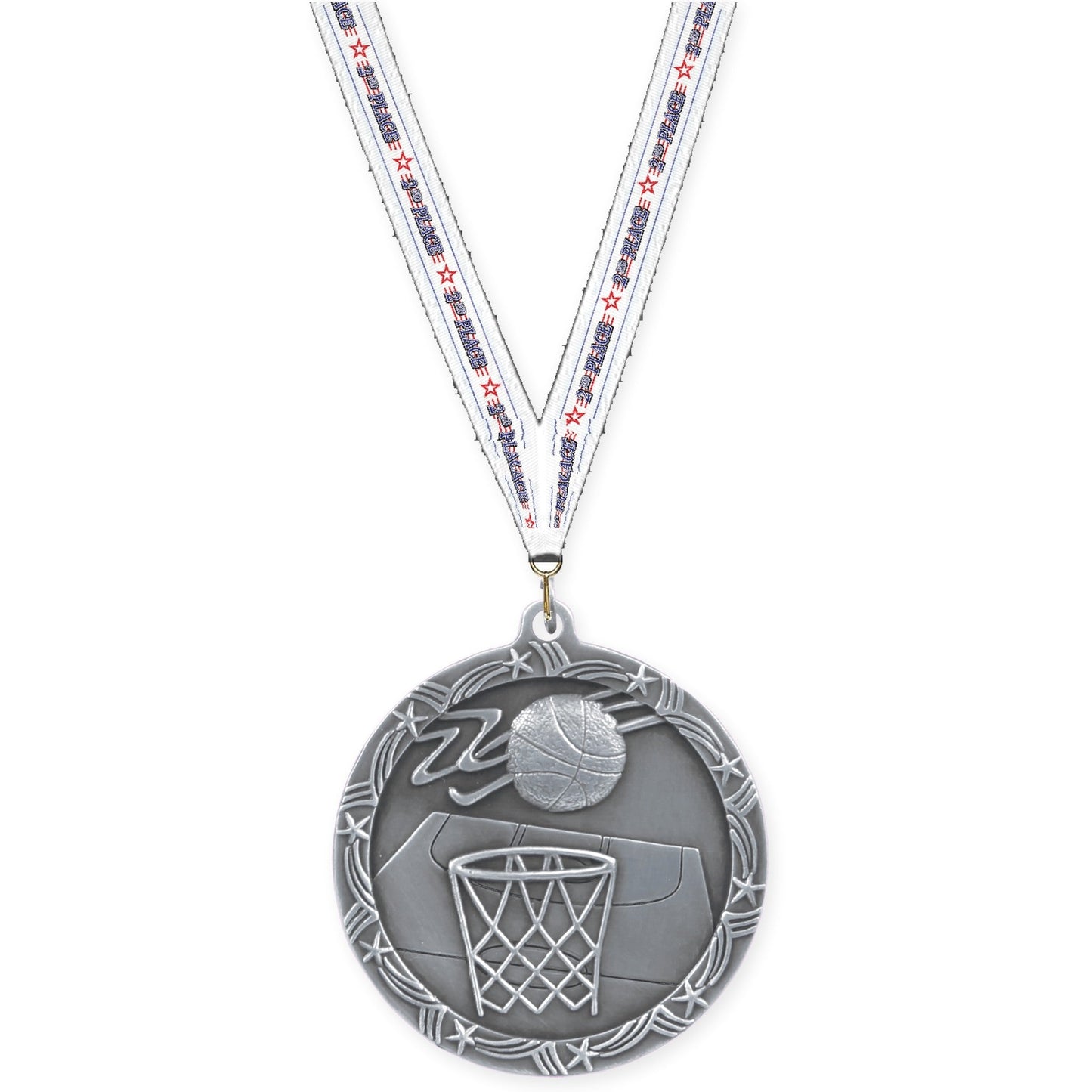 2 1/2 inch basketball Shooting Star medal in antique silver with 2nd Place neck ribbon