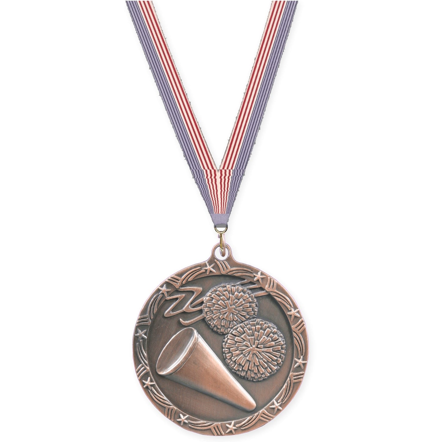 2 1/2 inch cheerleading Shooting Star medal in antique bronze with USA Flag neck ribbon
