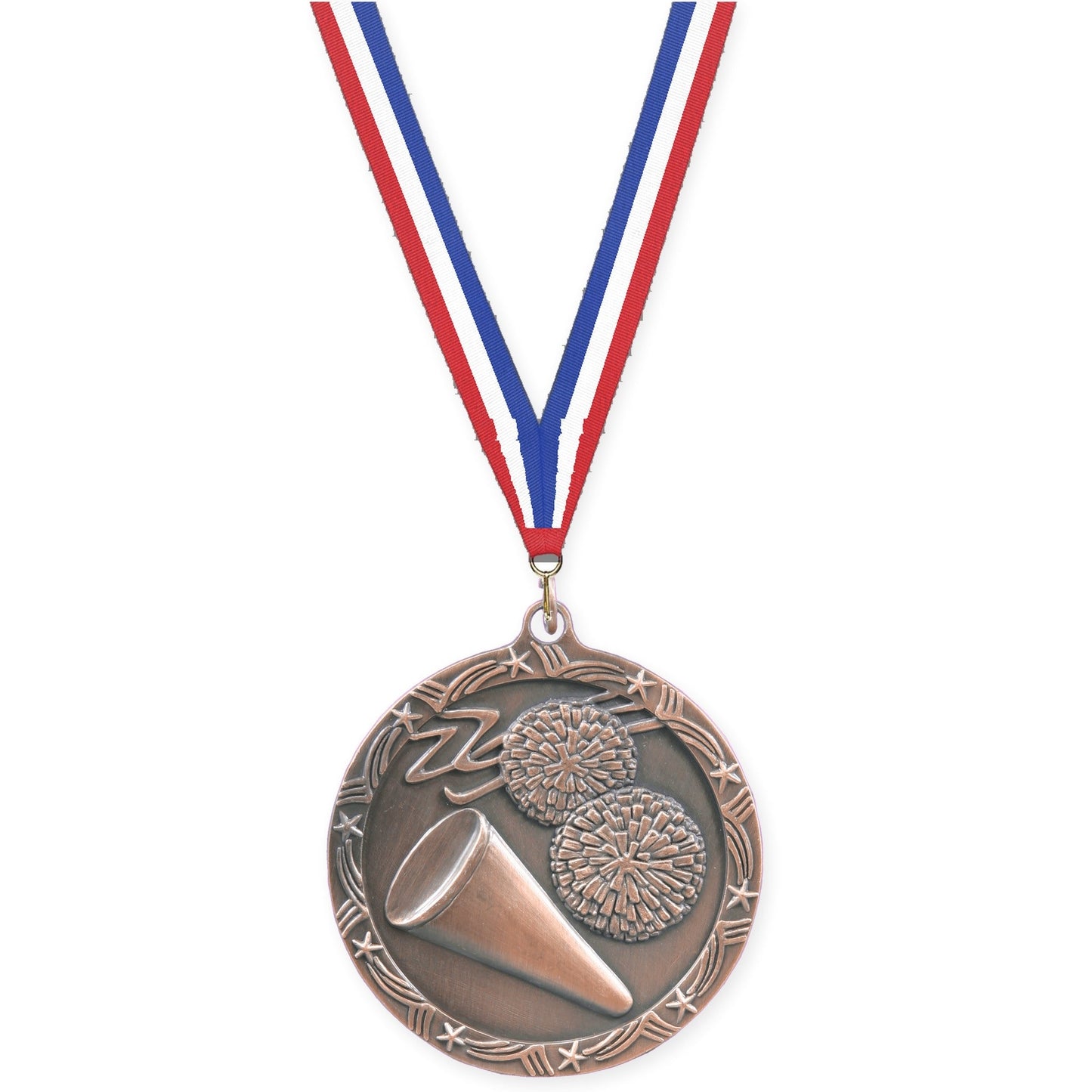 2 1/2 inch cheerleading Shooting Star medal in antique bronze with Red White Blue neck ribbon
