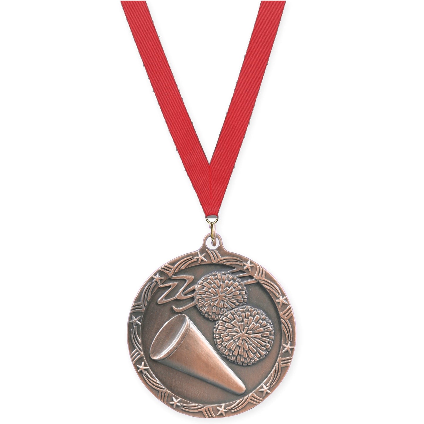 2 1/2 inch cheerleading Shooting Star medal in antique bronze with Red neck ribbon