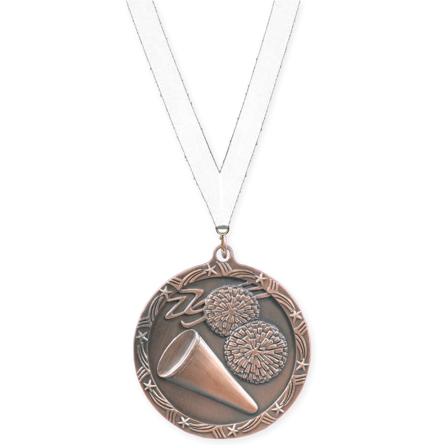 2 1/2 inch cheerleading Shooting Star medal in antique bronze with White neck ribbon