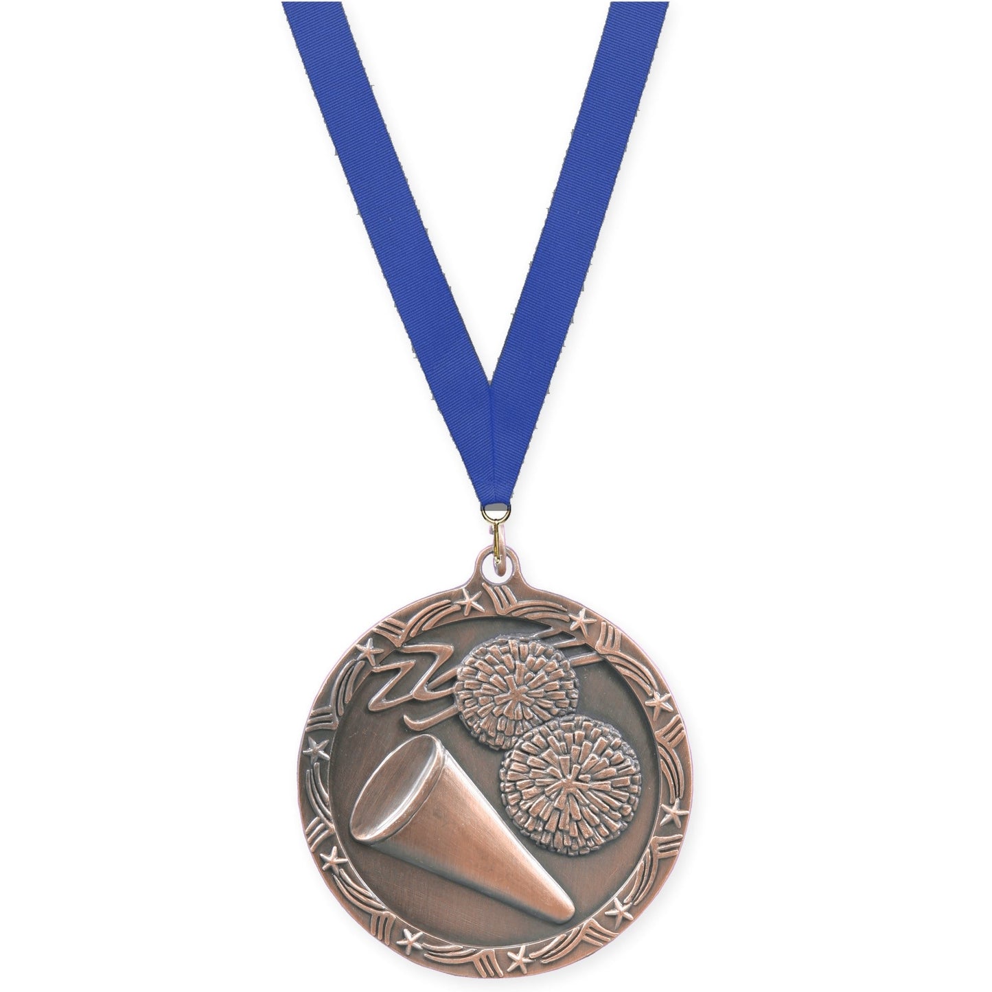 2 1/2 inch cheerleading Shooting Star medal in antique bronze with Blue neck ribbon